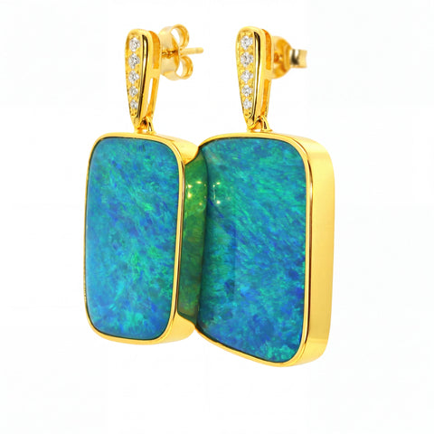 Australian Doublet Opal Drop Earrings 23x15mm Blue Green with CZ Gold Plated Sterling Silver - Australian Opal Cutters and Pearl Divers