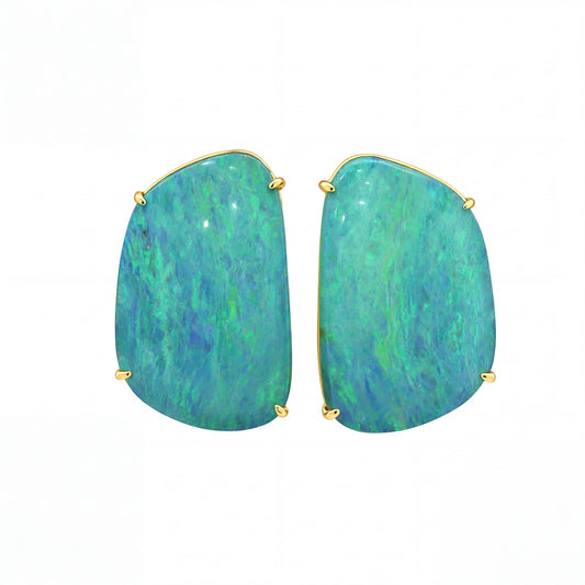 Australian Doublet Opal Earrings 23x13mm Green Blue Gold Plated Sterling Silver - Australian Opal Cutters and Pearl Divers