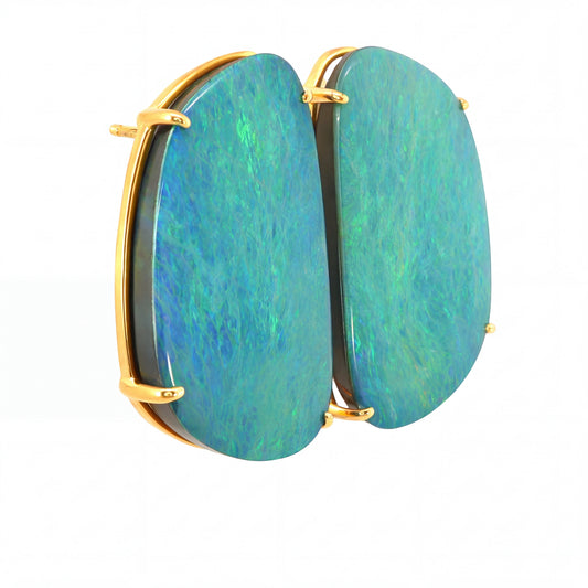 Australian Doublet Opal Earrings 23x13mm Green Blue Gold Plated Sterling Silver