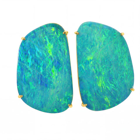 Australian Doublet Opal Earrings 23x13mm Green Blue Gold Plated Sterling Silver - Australian Opal Cutters and Pearl Divers
