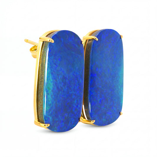 Australian Doublet Opal Earrings 21x11mm Deep Blue Gold Plated Sterling Silver | Australian Opal Cutters