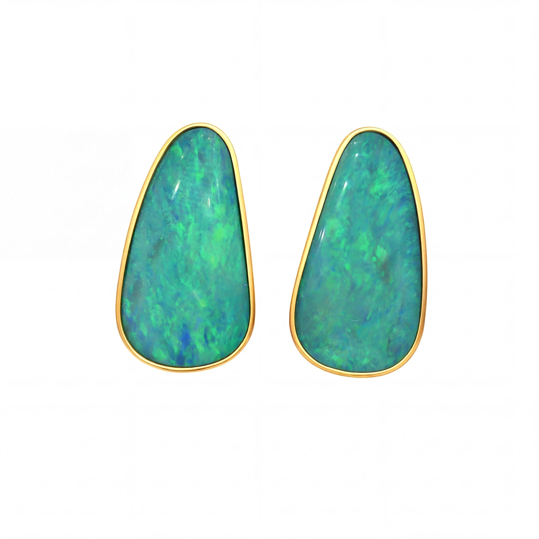 Australian Doublet Opal Earrings 25x15mm Green Blue Gold Plated Sterling Silver - Australian Opal Cutters and Pearl Divers