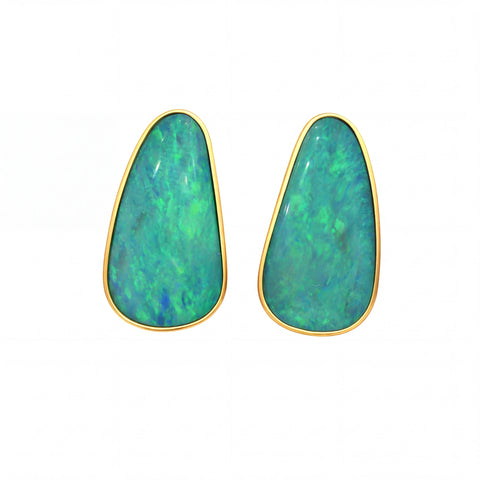 Australian Doublet Opal Earrings 25x15mm Green Blue Gold Plated Sterling Silver - Australian Opal Cutters and Pearl Divers