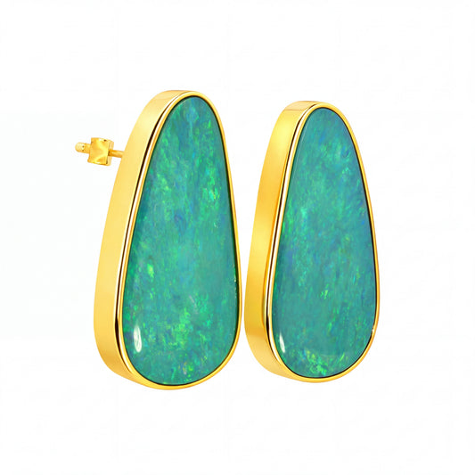 Australian Doublet Opal Earrings 25x15mm Green Blue Gold Plated Sterling Silver