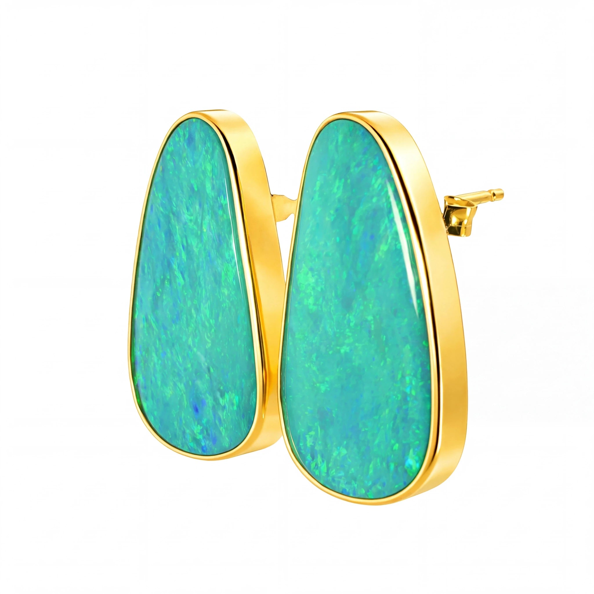 Australian Doublet Opal Earrings 25x15mm Green Blue Gold Plated Sterling Silver - Australian Opal Cutters and Pearl Divers