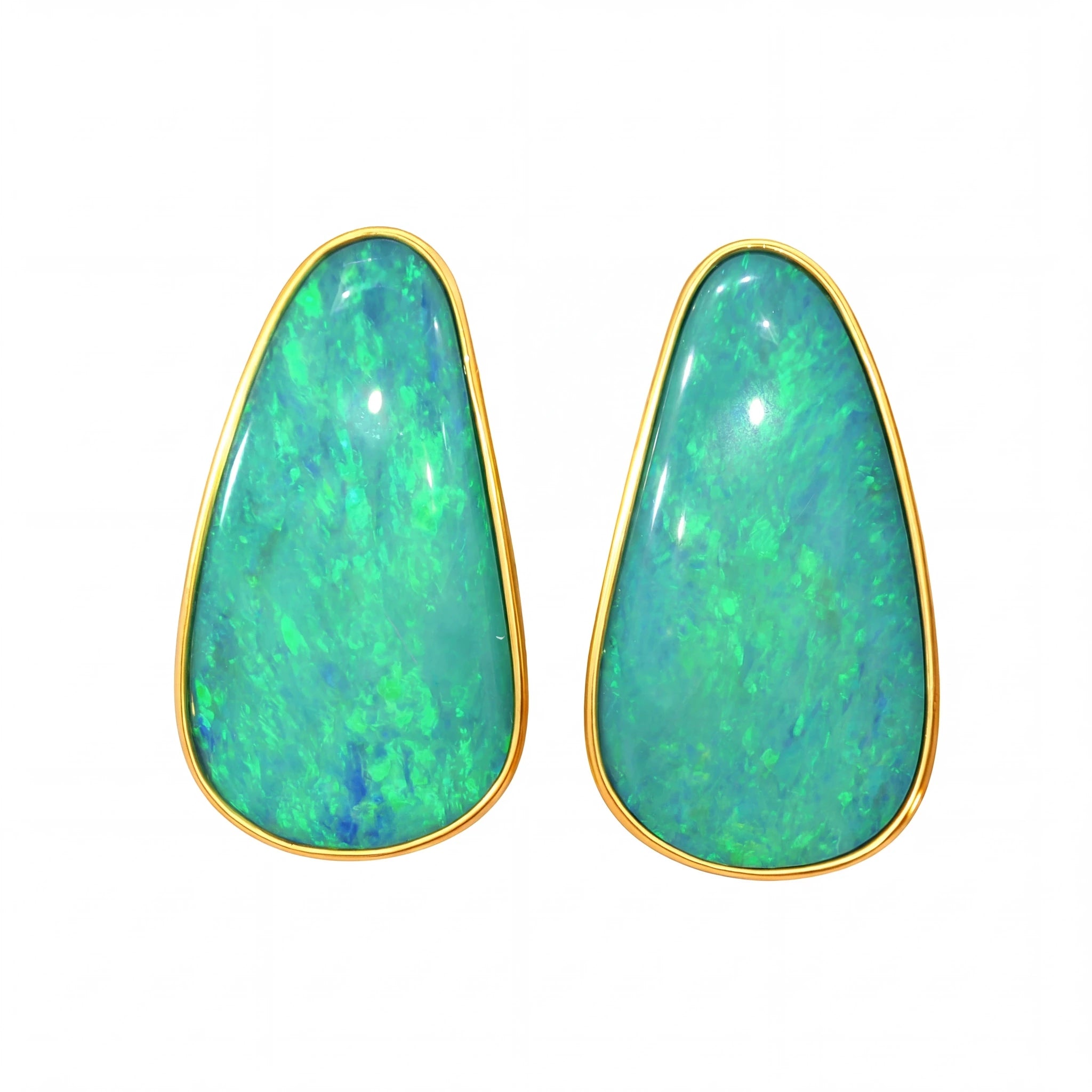 Australian Doublet Opal Earrings 25x15mm Green Blue Gold Plated Sterling Silver - Australian Opal Cutters and Pearl Divers