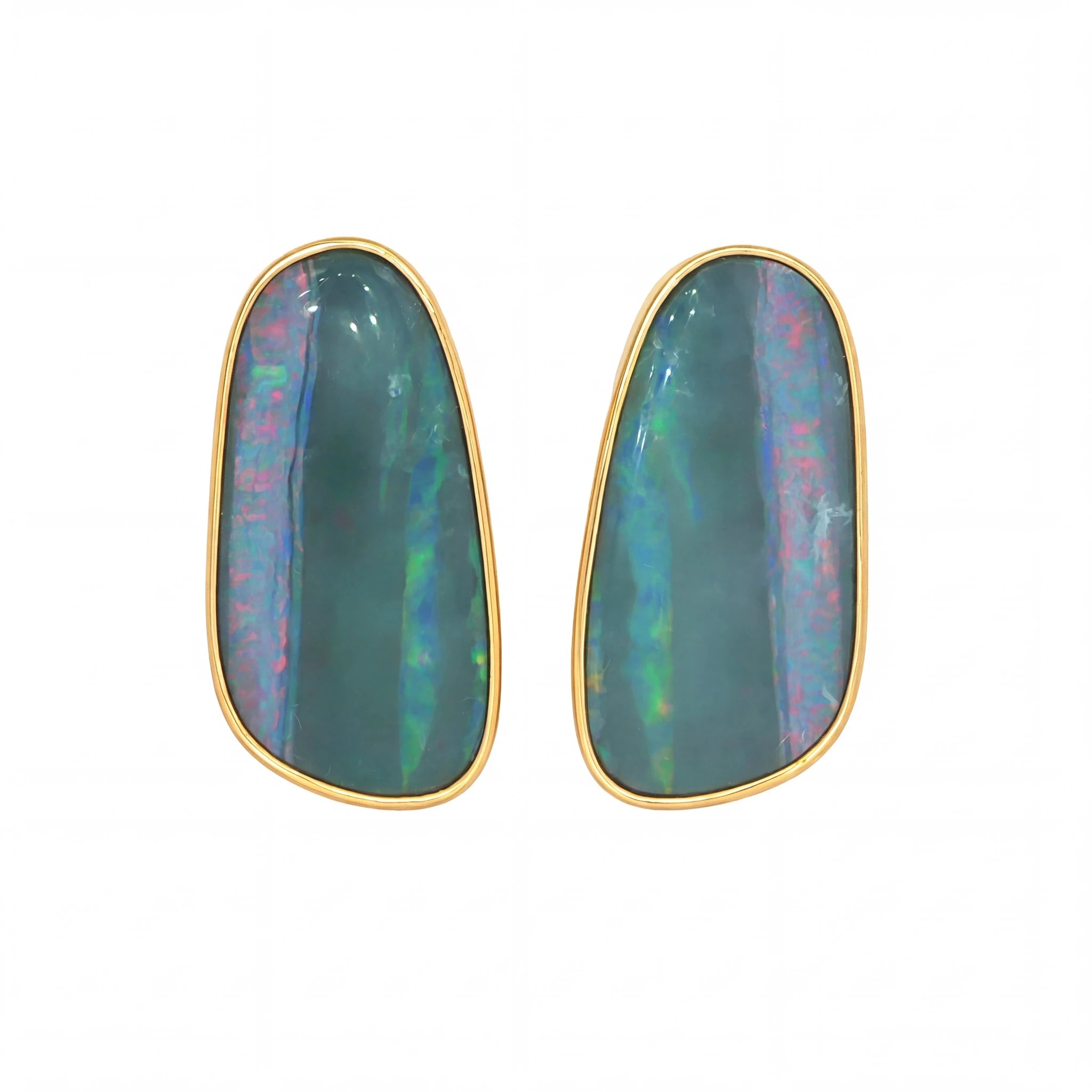 Australian Doublet Opal Earrings 24x13mm Deep Green Gold Plated Sterling Silver | Australian Opal Cutters - Australian Opal Cutters and Pearl Divers