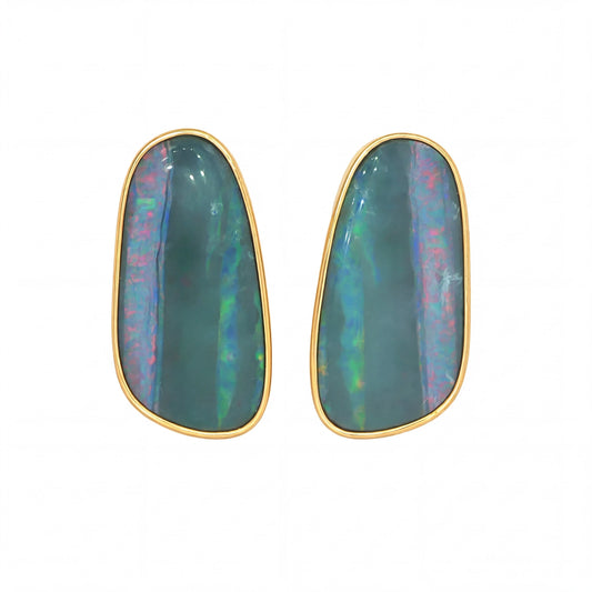Australian Doublet Opal Earrings 24x13mm Deep Green Gold Plated Sterling Silver | Australian Opal Cutters - Australian Opal Cutters and Pearl Divers