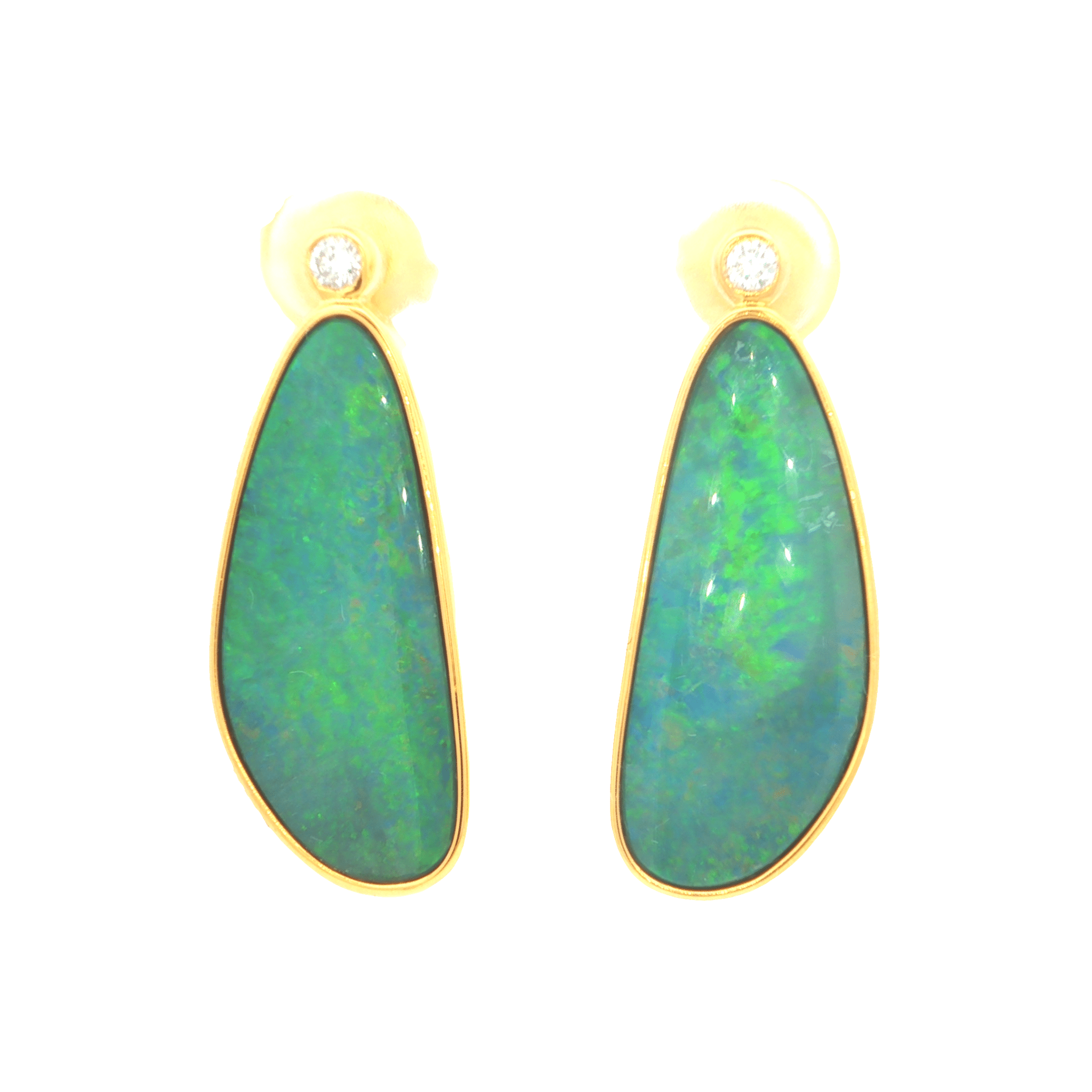 Australian Doublet Opal Earrings 23x10mm Green Blue Gold Plated with Cubic Zirconia - Australian Opal Cutters and Pearl Divers
