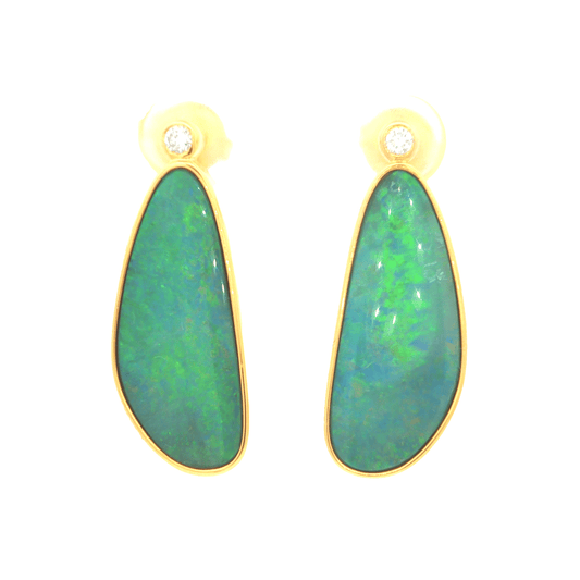 Australian Doublet Opal Earrings 23x10mm Green Blue Gold Plated with Cubic Zirconia - Australian Opal Cutters and Pearl Divers