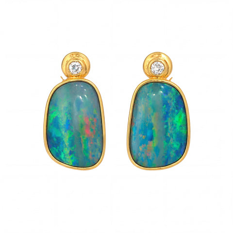 Australian Doublet Opal Earrings 15x11mm Gold Plated Sterling Silver Multicolour - Australian Opal Cutters and Pearl Divers