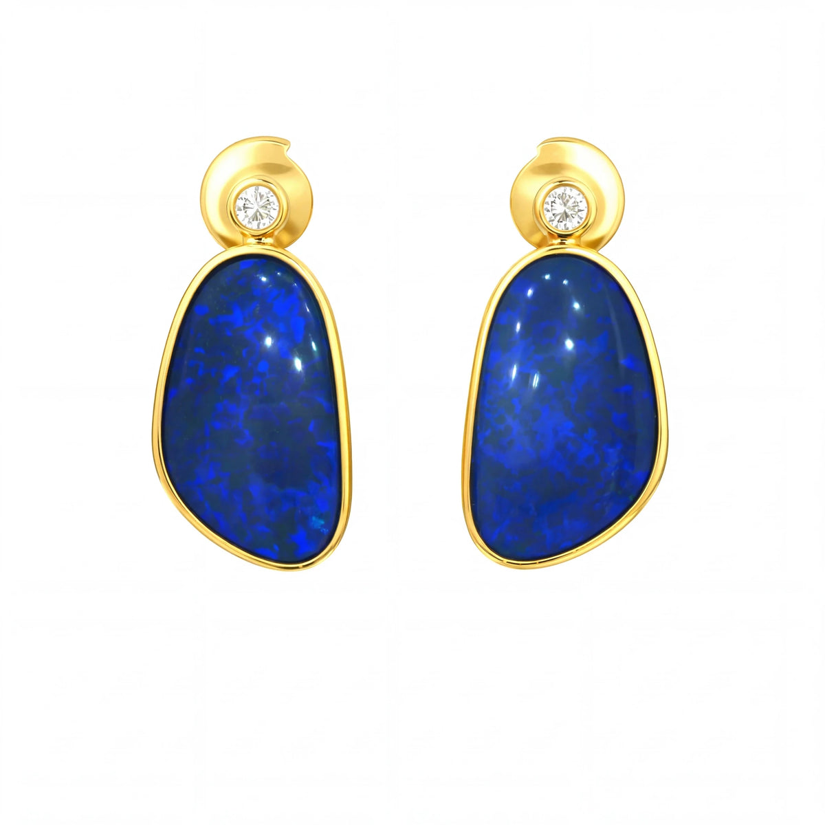 Australian Doublet Opal Earrings 14x9mm Deep Blue Gold Plated with Cubic Zirconia - Australian Opal Cutters and Pearl Divers
