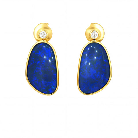 Australian Doublet Opal Earrings 14x9mm Deep Blue Gold Plated with Cubic Zirconia - Australian Opal Cutters and Pearl Divers