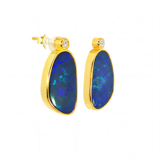 Australian Doublet Opal Earrings 14x9mm Deep Blue Gold Plated with Cubic Zirconia