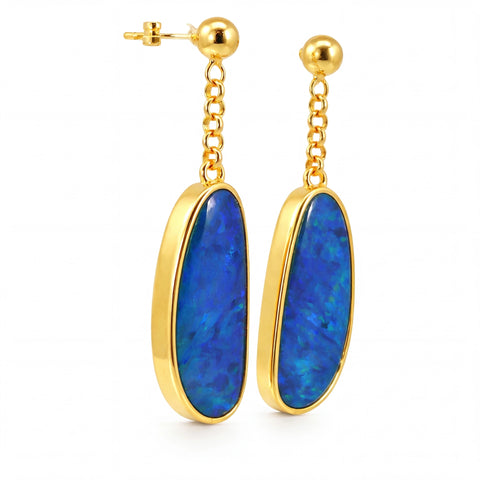 Australian Doublet Opal Drop Earrings Blue 925 Gold Plated Long Opal Earrings - Australian Opal Cutters and Pearl Divers