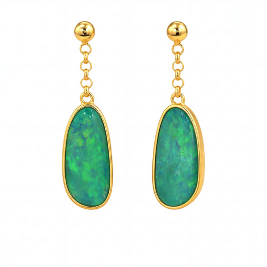Australian Doublet Opal Drop Earrings 18x8mm Green Blue Gold Plated Sterling Silver