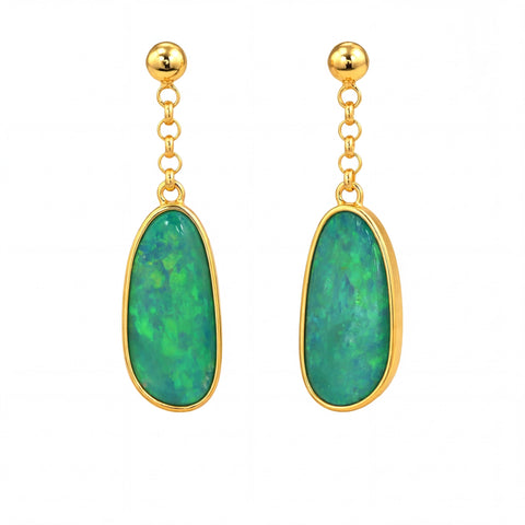 Australian Doublet Opal Drop Earrings 18x8mm Green Blue Gold Plated Sterling Silver - Australian Opal Cutters and Pearl Divers