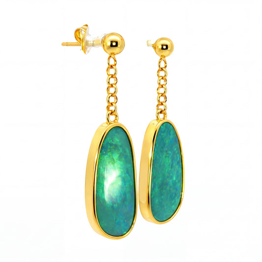 Australian Doublet Opal Drop Earrings 18x8mm Green Blue Gold Plated Sterling Silver - Australian Opal Cutters and Pearl Divers