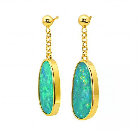 Australian Doublet Opal Drop Earrings 18x8mm Green Blue Gold Plated Sterling Silver - Australian Opal Cutters and Pearl Divers