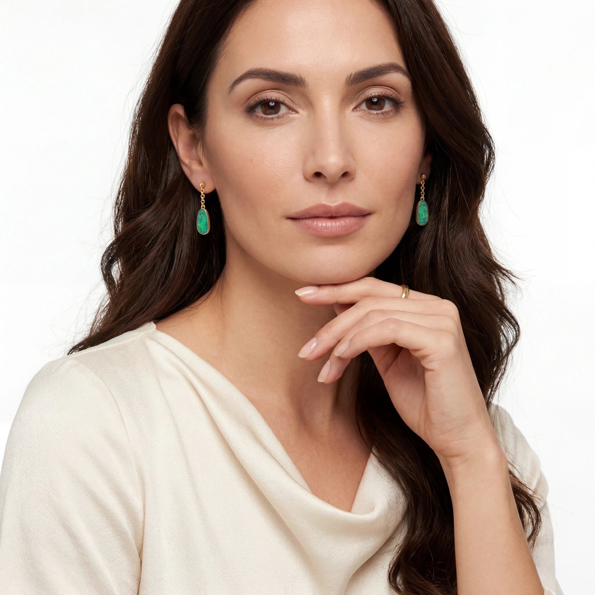 Australian Doublet Opal Drop Earrings 18x8mm Green Blue Gold Plated Sterling Silver - Australian Opal Cutters and Pearl Divers