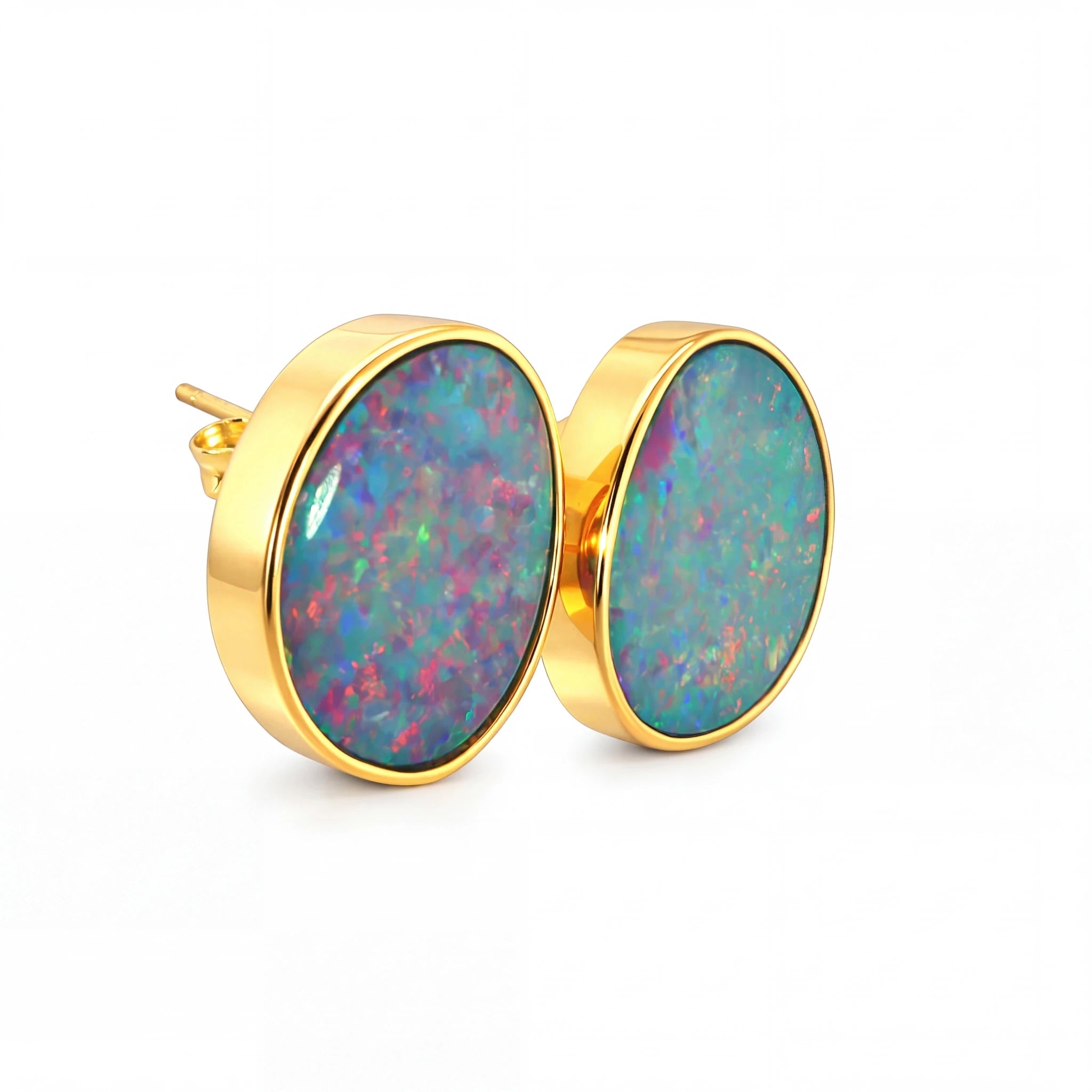 Australian Doublet Opal Earrings Pink Green Blue Gold Plated Sterling Silver - Australian Opal Cutters and Pearl Divers