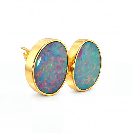 Australian Doublet Opal Earrings Pink Green Blue Gold Plated Sterling Silver