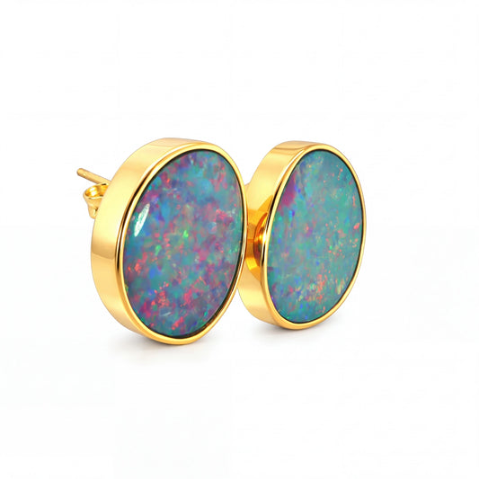 Australian Doublet Opal Earrings Pink Green Blue Gold Plated Sterling Silver - Australian Opal Cutters and Pearl Divers