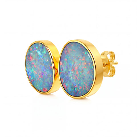 Australian Doublet Opal Earrings Pink Green Blue Gold Plated Sterling Silver - Australian Opal Cutters and Pearl Divers
