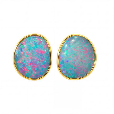 Australian Doublet Opal Earrings Pink Green Blue Gold Plated Sterling Silver - Australian Opal Cutters and Pearl Divers