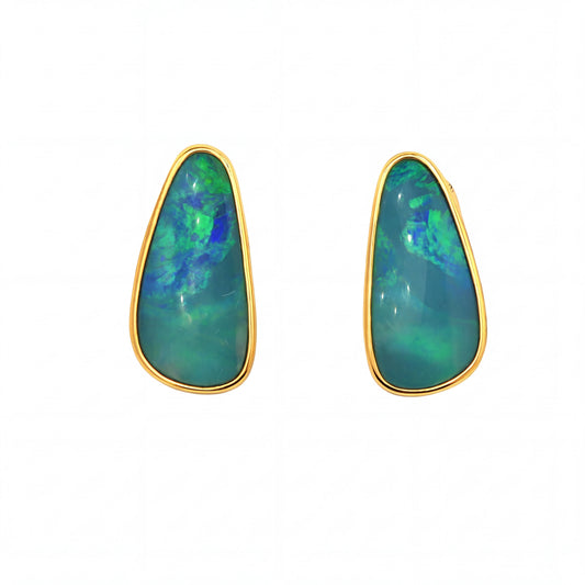 Australian Doublet Opal Earrings 16x7mm Blue Green Gold Plated Sterling Silver | Australian Opal Cutters