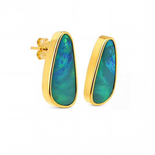Australian Doublet Opal Earrings 16x7mm Blue Green Gold Plated Sterling Silver | Australian Opal Cutters