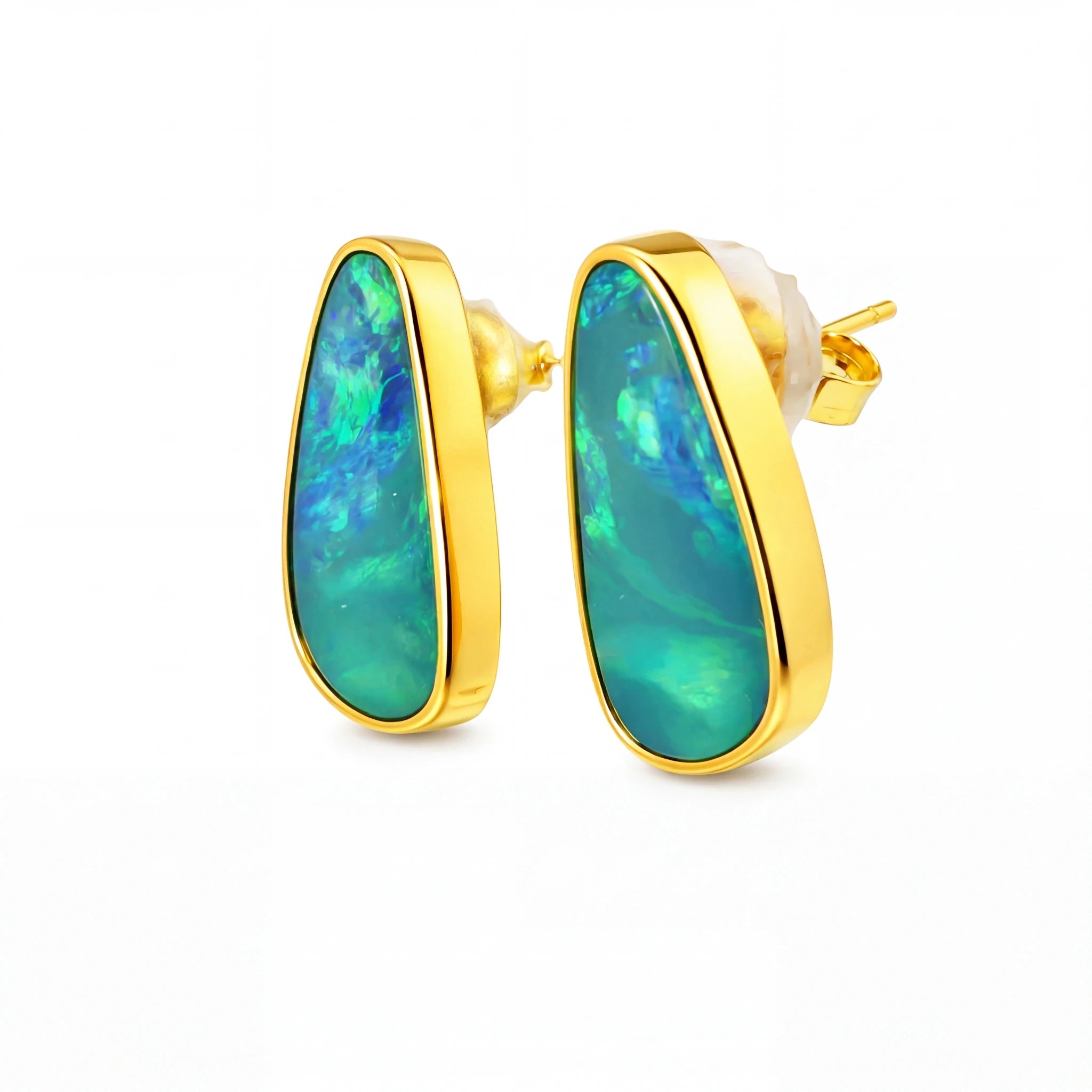 Australian Doublet Opal Earrings 16x7mm Blue Green Gold Plated Sterling Silver | Australian Opal Cutters - Australian Opal Cutters and Pearl Divers
