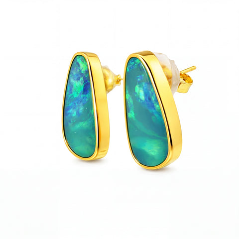 Australian Doublet Opal Earrings 16x7mm Blue Green Gold Plated Sterling Silver | Australian Opal Cutters - Australian Opal Cutters and Pearl Divers
