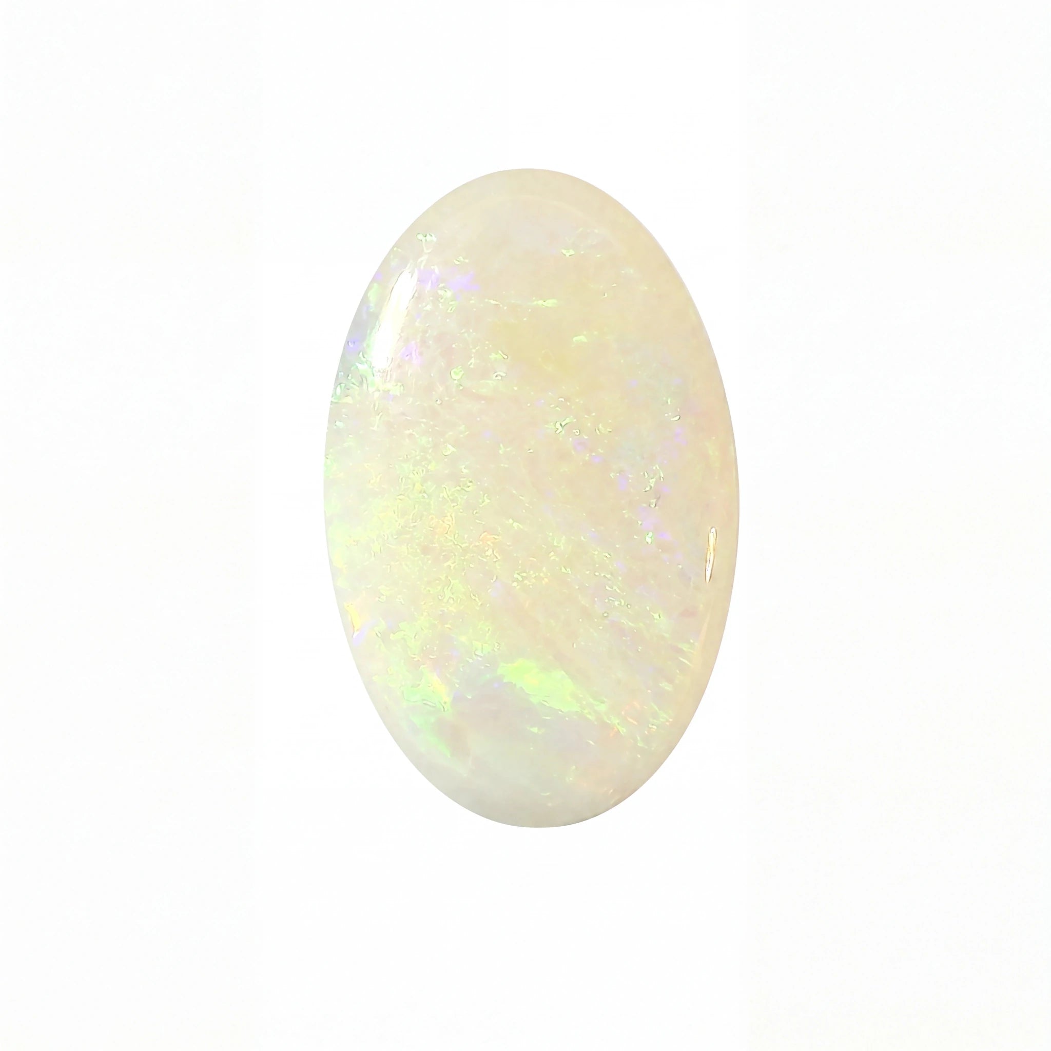 A polished oval cabochon gemstone with a milky white base and iridescent flashes of pastel green, blue, and pink, shown on a plain white background.