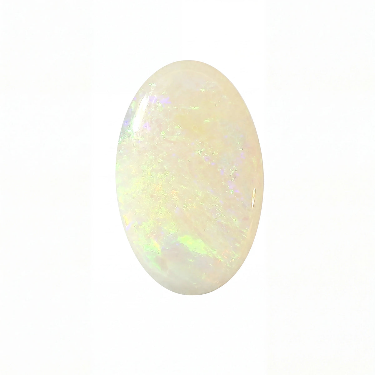 A polished oval cabochon gemstone with a milky white base and iridescent flashes of pastel green, blue, and pink, shown on a plain white background.