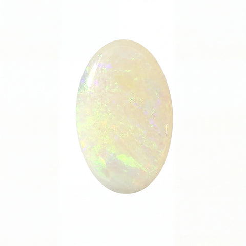 A polished oval cabochon gemstone with a milky white base and iridescent flashes of pastel green, blue, and pink, shown on a plain white background.