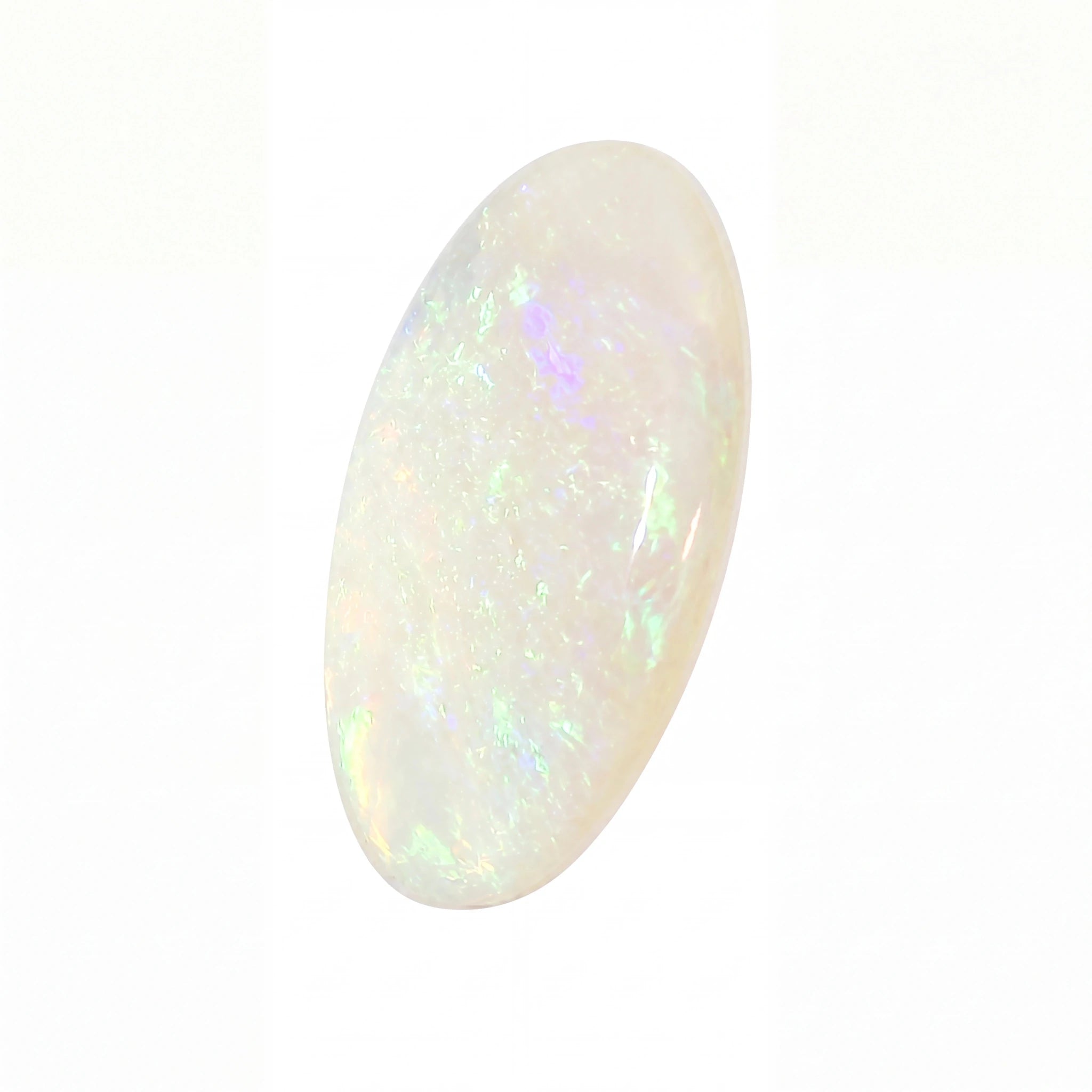 A polished oval cabochon gemstone with a milky white base and iridescent flashes of green, blue, and purple, shown on a plain white background.