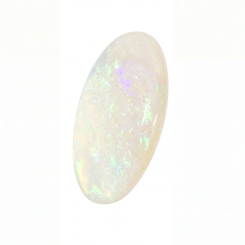 A polished oval cabochon gemstone with a milky white base and iridescent flashes of green, blue, and purple, shown on a plain white background.