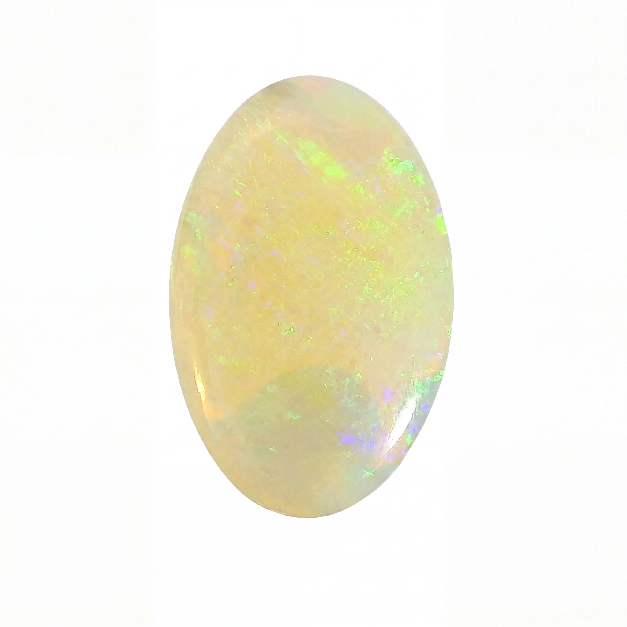 A polished oval cabochon gemstone with a milky white base and vibrant iridescent flashes of green, yellow, and blue, set against a plain white background.