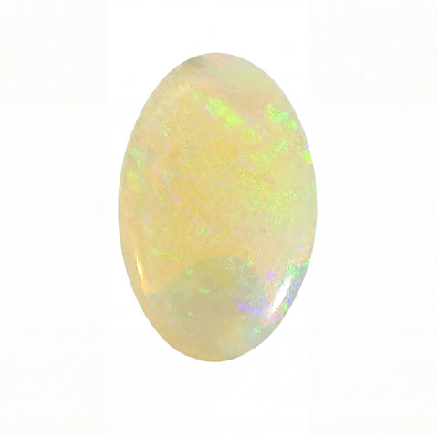 A polished oval cabochon gemstone with a milky white base and vibrant iridescent flashes of green, yellow, and blue, set against a plain white background.