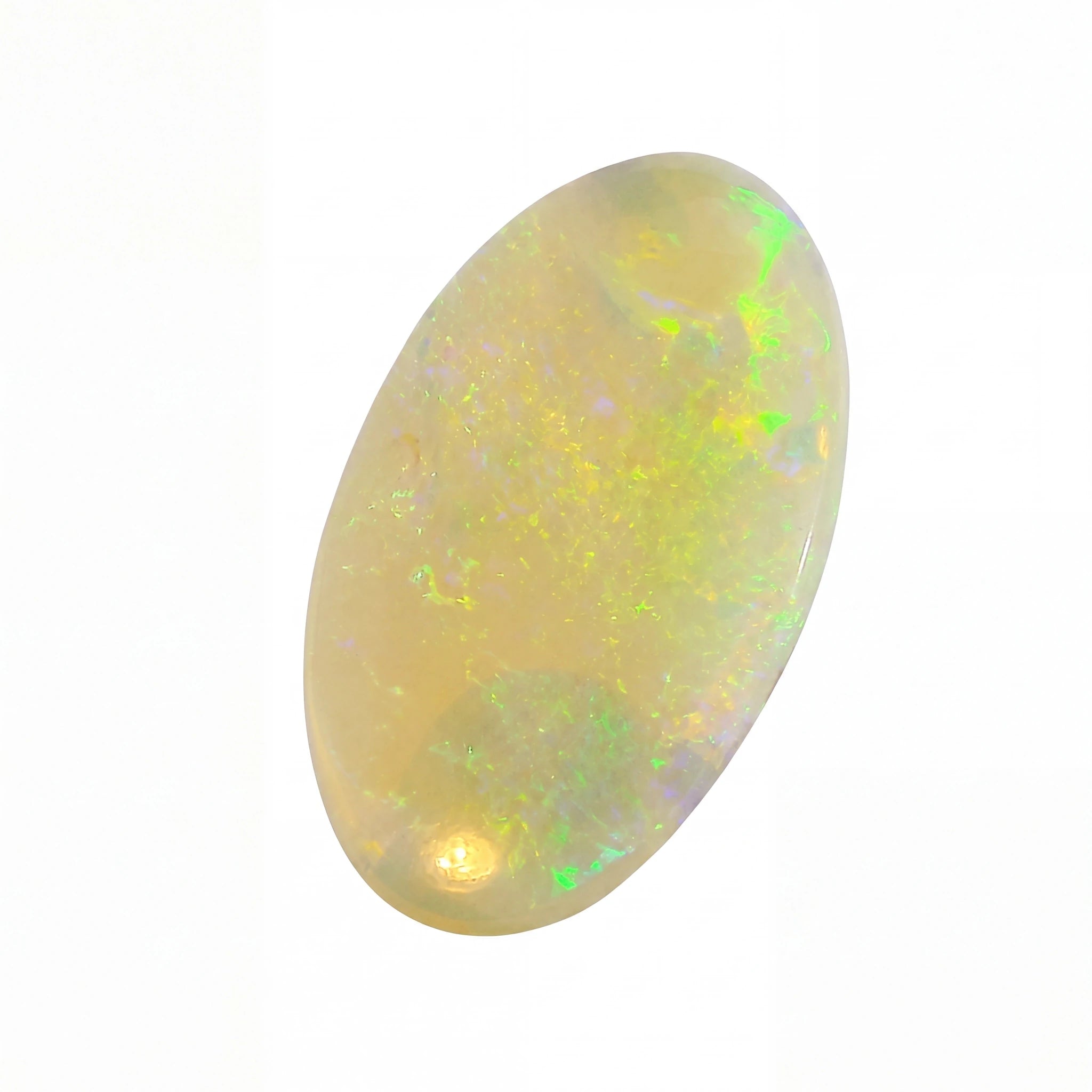A polished oval cabochon opal gemstone displaying a creamy yellow base with vibrant flashes of green, blue, and orange, set against a plain white background.