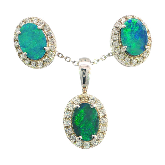 Doublet Opal Pendant and Earrings Combo Set in 925 Sterling Silver - Green and Blue