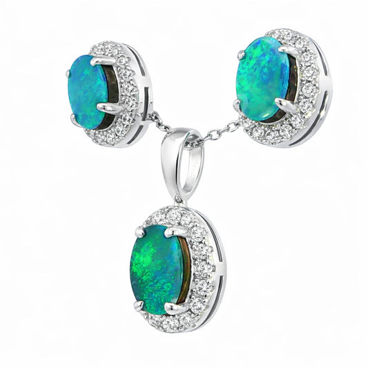 Doublet Opal Pendant and Earrings Combo Set in 925 Sterling Silver - Green and Blue - Australian Opal Cutters and Pearl Divers