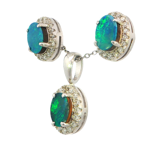 Doublet Opal Pendant and Earrings Combo Set in 925 Sterling Silver - Green and Blue