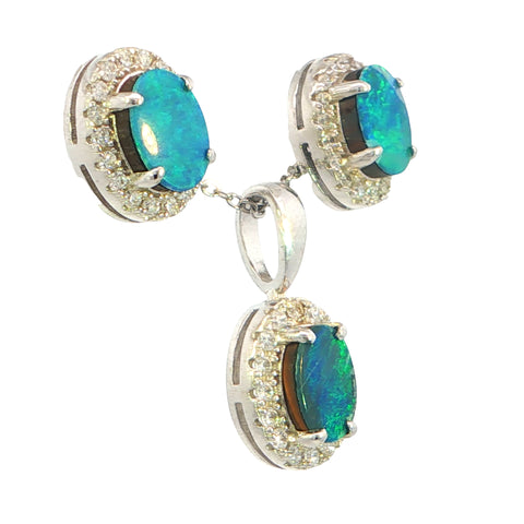 Doublet Opal Pendant and Earrings Combo Set in 925 Sterling Silver - Green and Blue