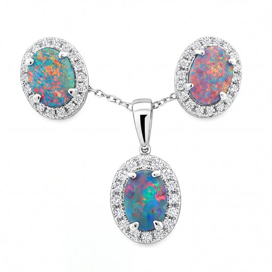 Doublet Opal Pendant and Earrings Combo Set in 925 Sterling Silver - Multicolour - Australian Opal Cutters and Pearl Divers