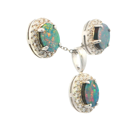 Doublet Opal Pendant and Earrings Combo Set in 925 Sterling Silver - Multicolour