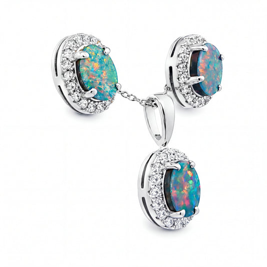Doublet Opal Pendant and Earrings Combo Set in 925 Sterling Silver - Multicolour - Australian Opal Cutters and Pearl Divers