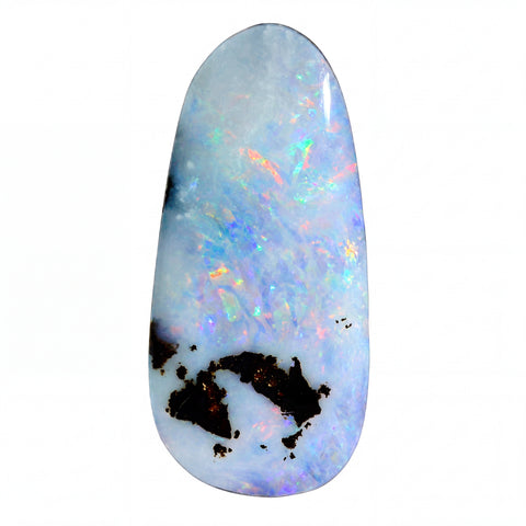 A teardrop-shaped white opal gemstone with vibrant iridescent flashes of blue, green, orange, and pink, featuring a prominent black matrix band near the bottom, set against a plain white background.