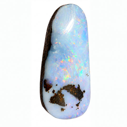 A polished natural opal stone with a white to pale blue iridescent body, showing scattered rainbow flashes and dark brown to black inclusions, photographed on a plain white background.